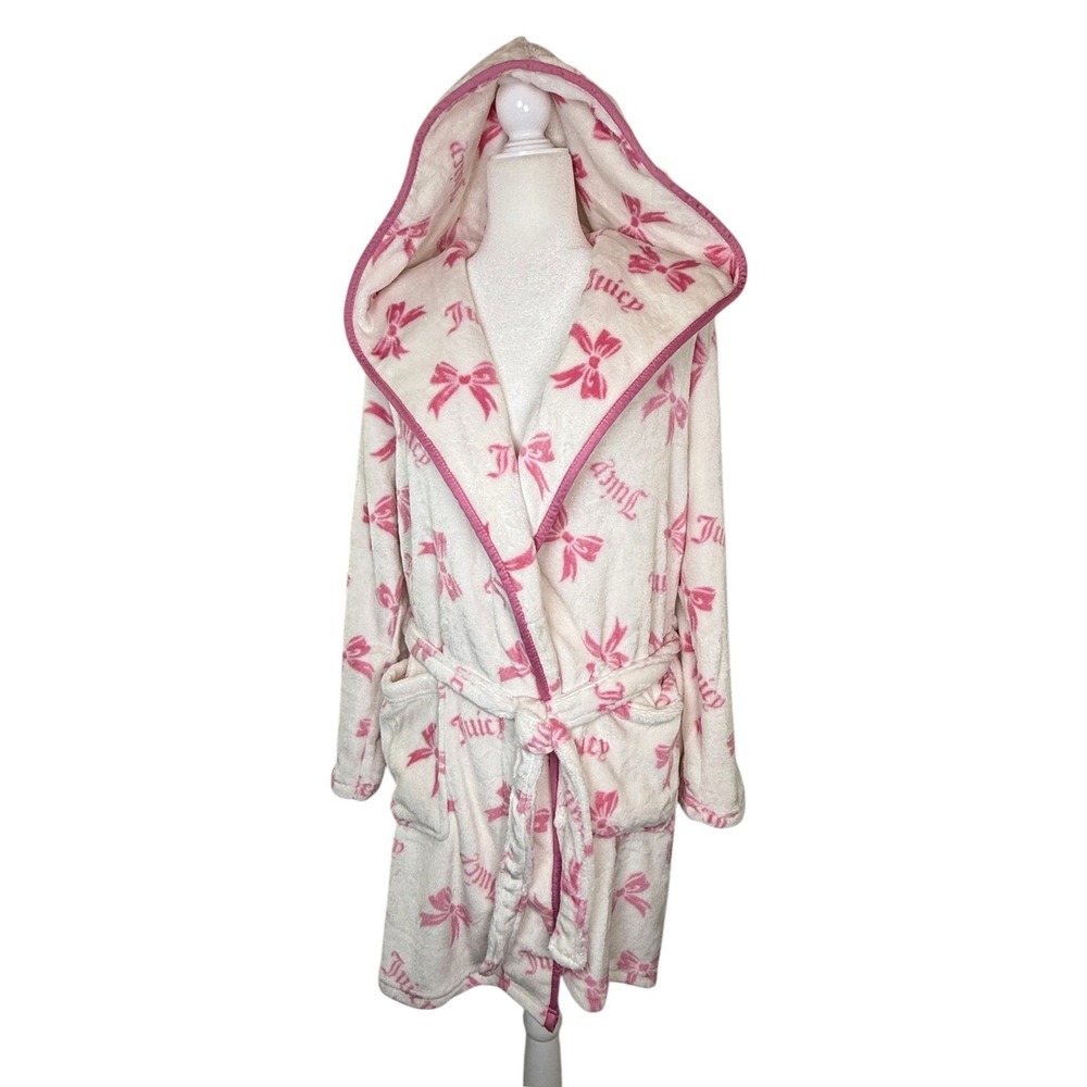 Juicy Couture Bow Print Plush Hooded Robe S/M Pink White Sleepwear NWT